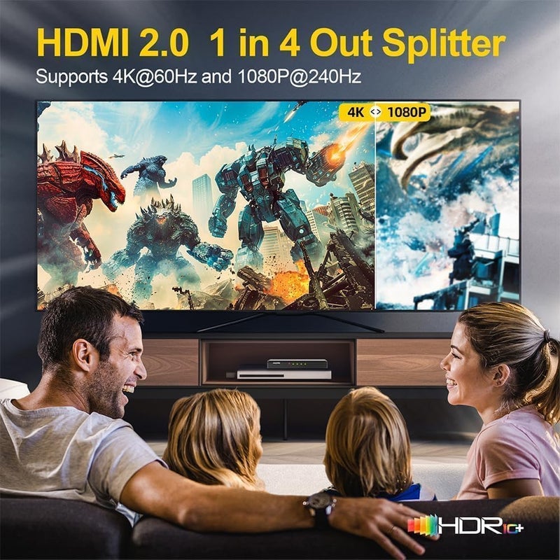 SHERRIVA موزع HDMI 4K 1 في 4 مخرج – 4K@60Hz، 1080p@240Hz، تقليل تلقائي، HDR، HDCP 2.3، 18Gbps، EDID، تكرار/مرآة شاشات 4K، متوافق مع التلفاز، شاشات متعددة - Image 2